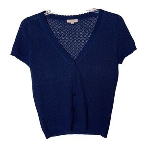 ModCloth | Navy Blue Open Knit Short Sleeve Button Up Cardigan, Small